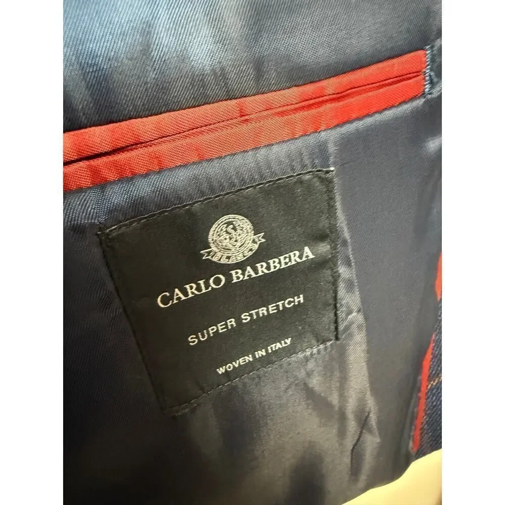 TailoRed Carlo Barbera Super Stretch Navy Plaid Wool Blazer Sz. 44R